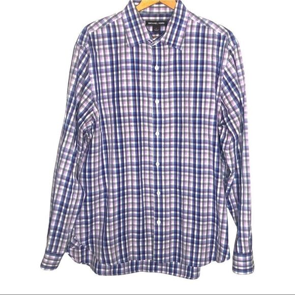 MICHAEL KORS Shirt, Button Front, Gray/White/Pink/Purple Stripes L - Picture 1 of 5
